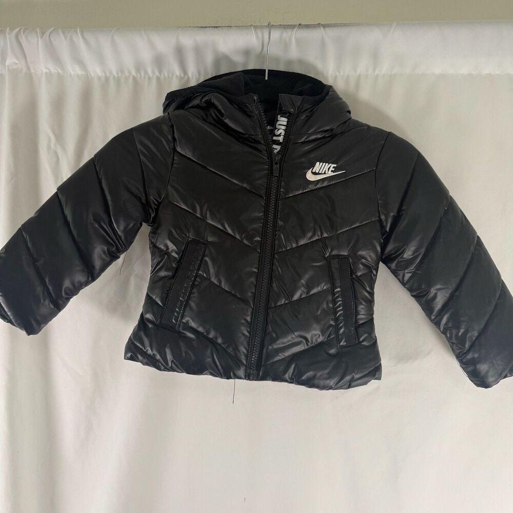 Nike Puffer Jacket Toddler 2T Black Full Zip Hooded Faux Leather Pockets
